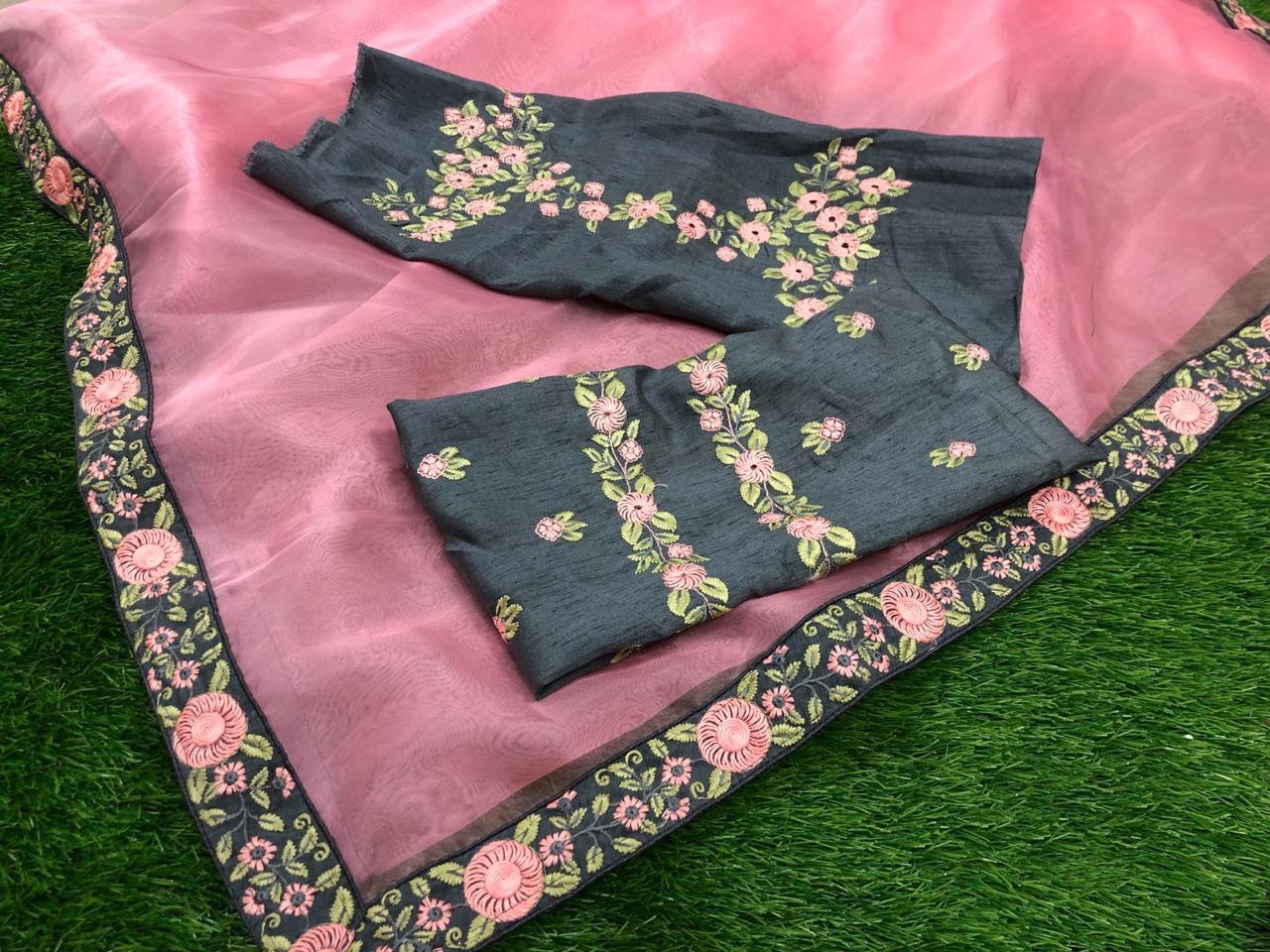 Peach orgenza net embroidered party wear saree