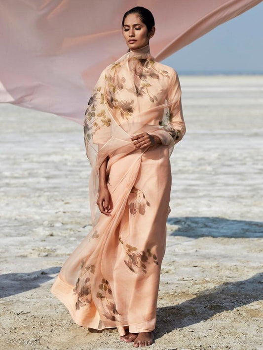 Peach orgenza net floral digital printed casual wear saree
