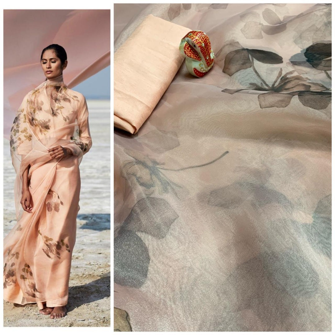 Peach orgenza net floral digital printed casual wear saree