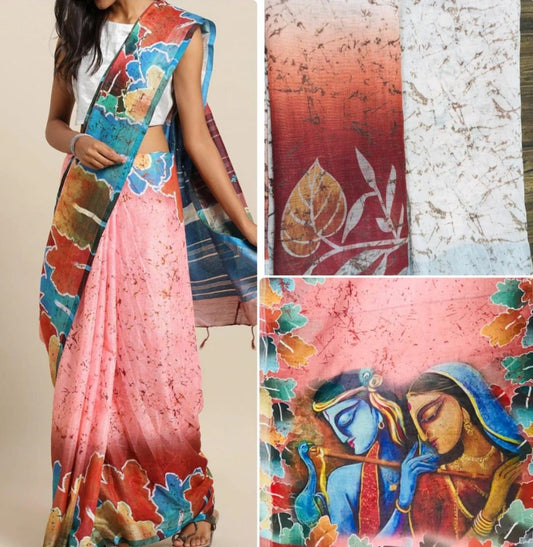 Peach original linen digital printed work fancy saree
