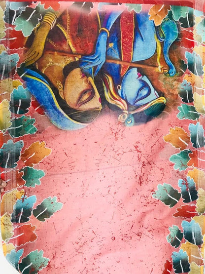 Peach original linen digital printed work fancy saree