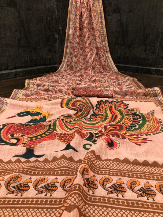 Peach premium linen kalamkari digital printed work designer saree