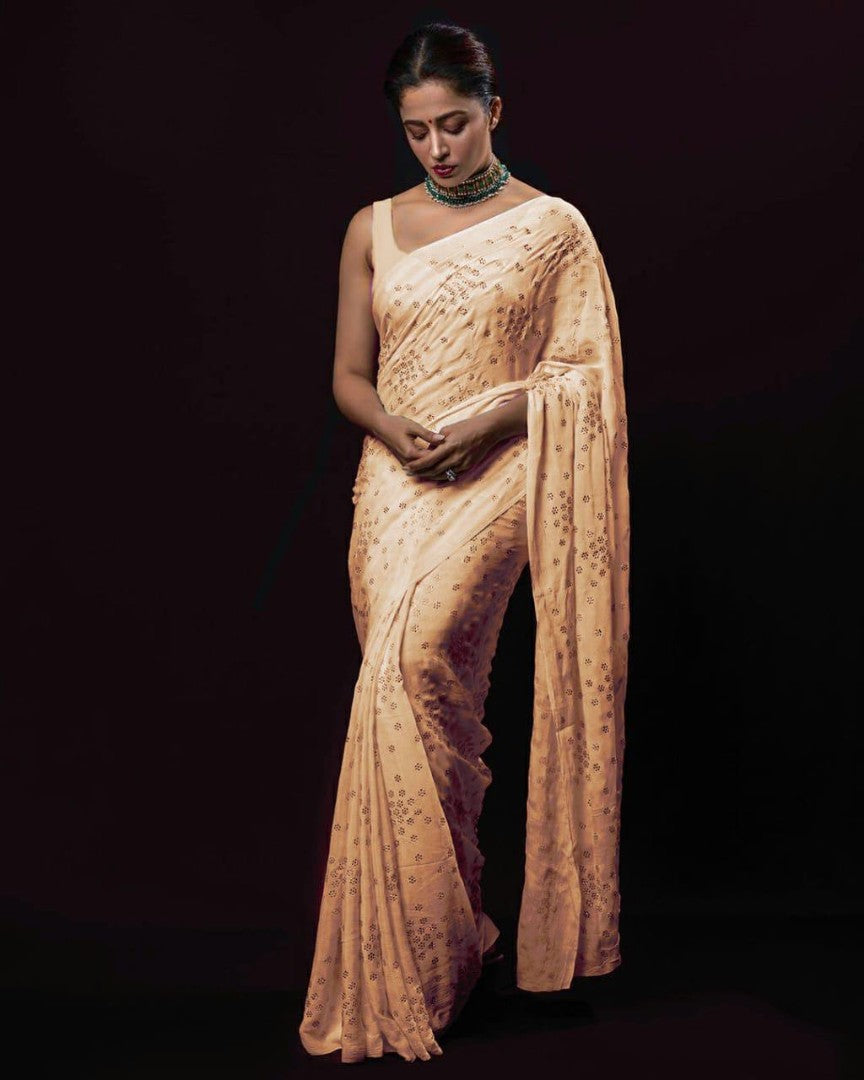 Peach pure georgette mukesh work designer saree