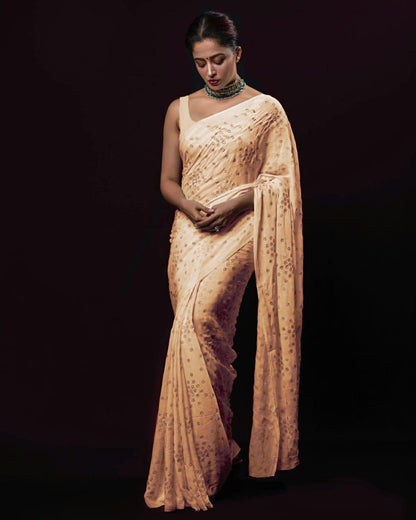 Peach pure georgette mukesh work designer saree