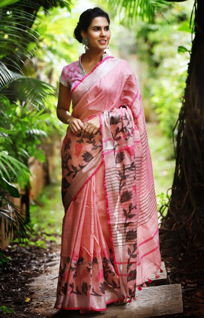 peach pure linen satin patta printed saree