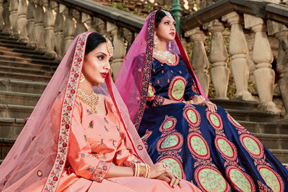 Peach pure satin resham embroidered wedding lehenga