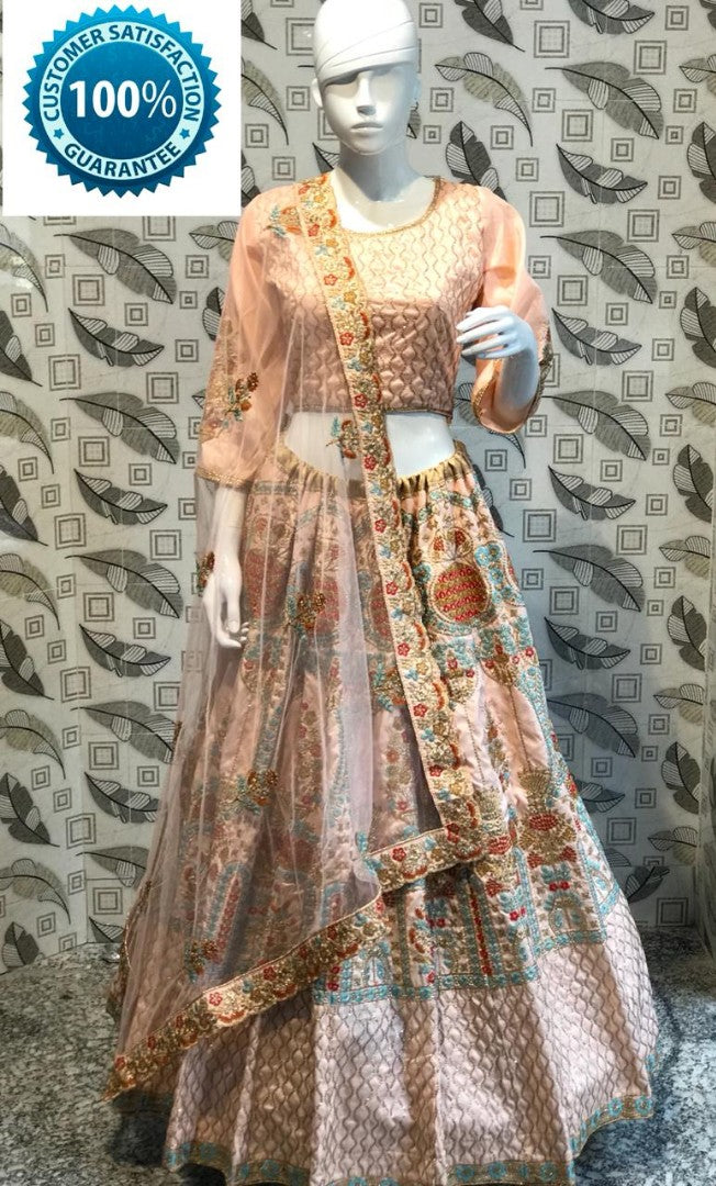 peach raw silk heavy embroidered bridal lehenga