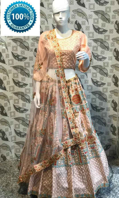 peach raw silk heavy embroidered bridal lehenga