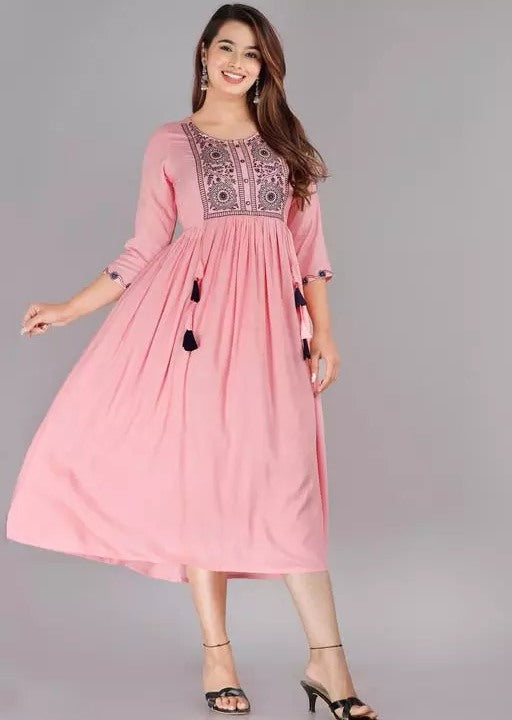 Peach rayon embroidered frock kurti