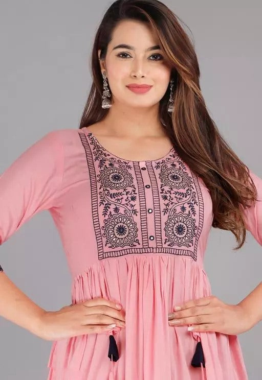 Peach rayon embroidered frock kurti