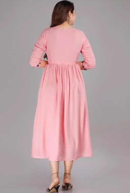 Peach rayon embroidered frock kurti