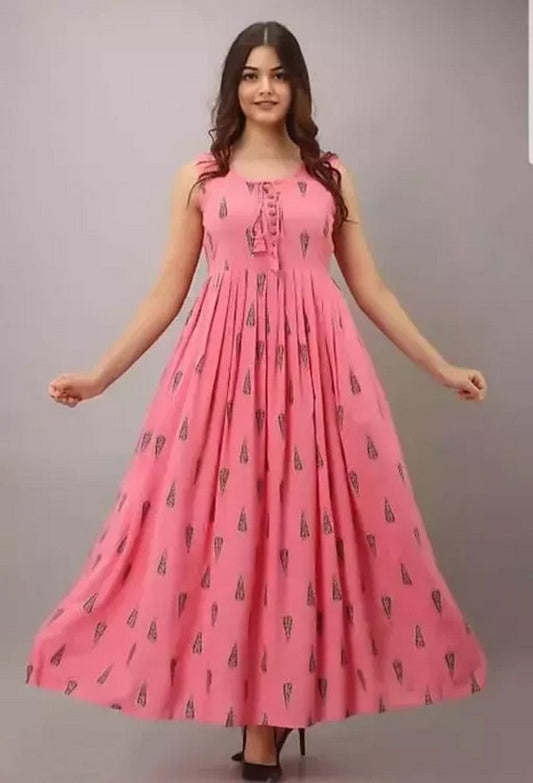 Peach rayon flared printed gown kurti