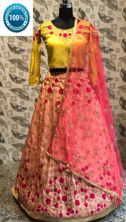 Peach Ruby silk embroidered navratri special lehenga choli