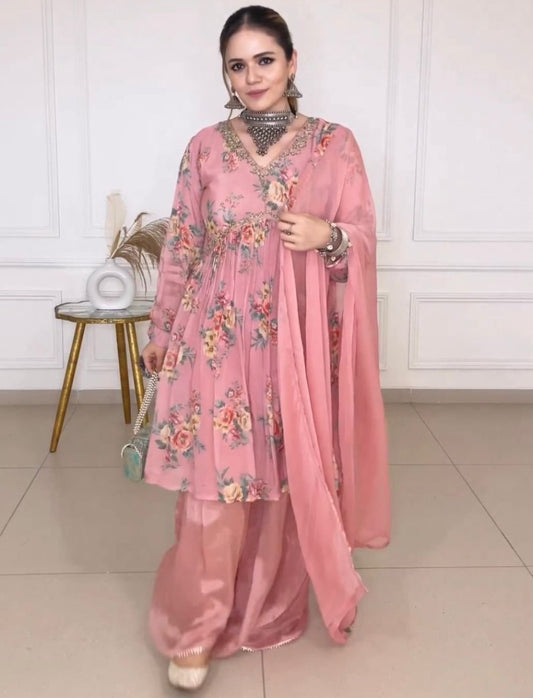 Peach satin floral printed alia cut sharara suit