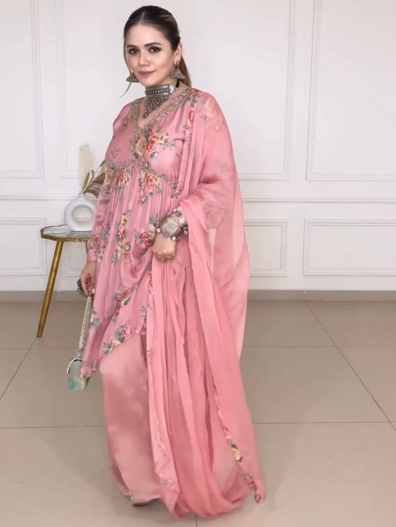 Peach satin floral printed alia cut sharara suit