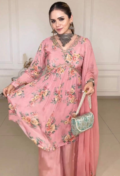 Peach satin floral printed alia cut sharara suit