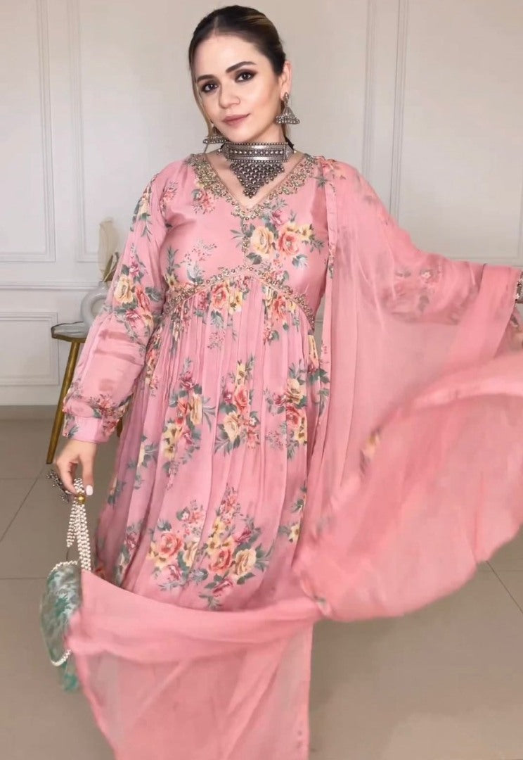 Peach satin floral printed alia cut sharara suit