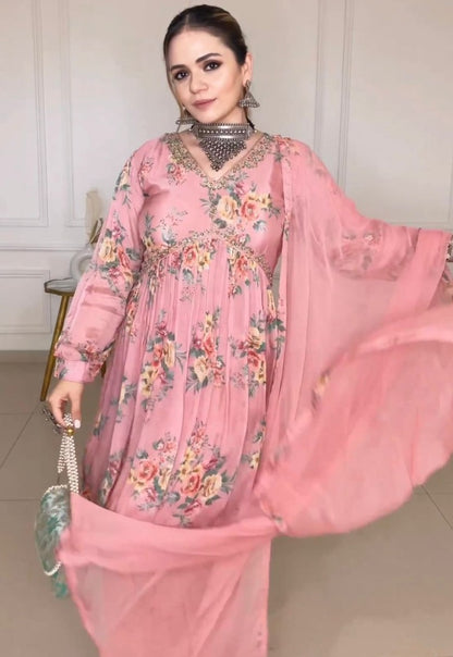 Peach satin floral printed alia cut sharara suit