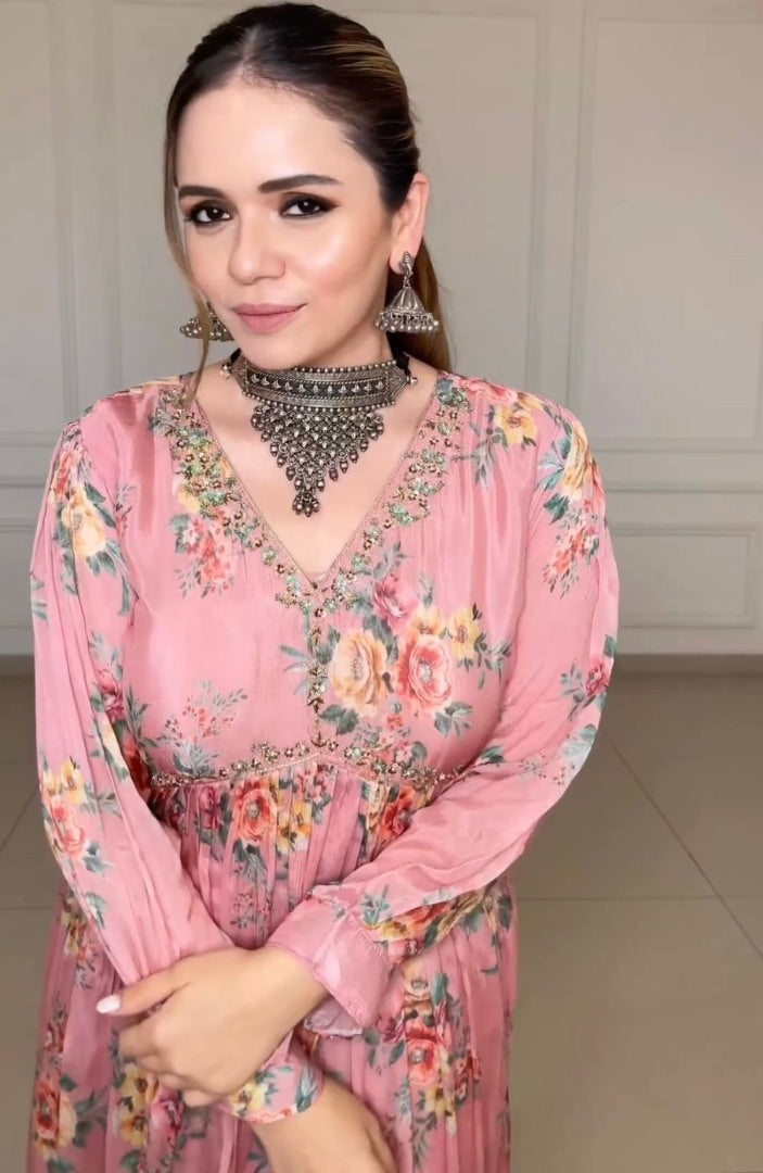 Peach satin floral printed alia cut sharara suit
