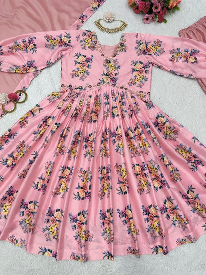 Peach satin floral printed alia cut sharara suit