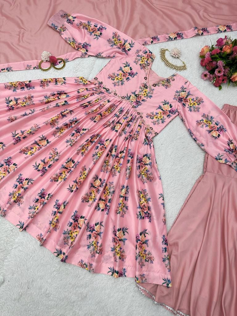Peach satin floral printed alia cut sharara suit
