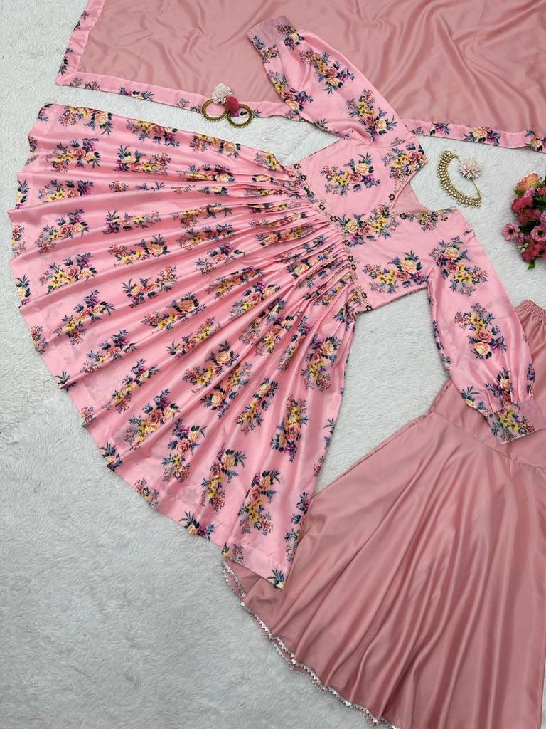Peach satin floral printed alia cut sharara suit