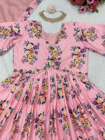 Peach satin floral printed alia cut sharara suit
