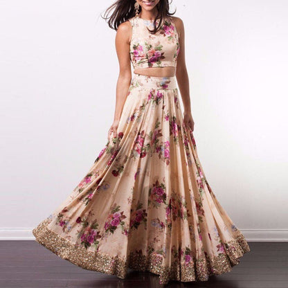 peach satin flower printed lehenga choli