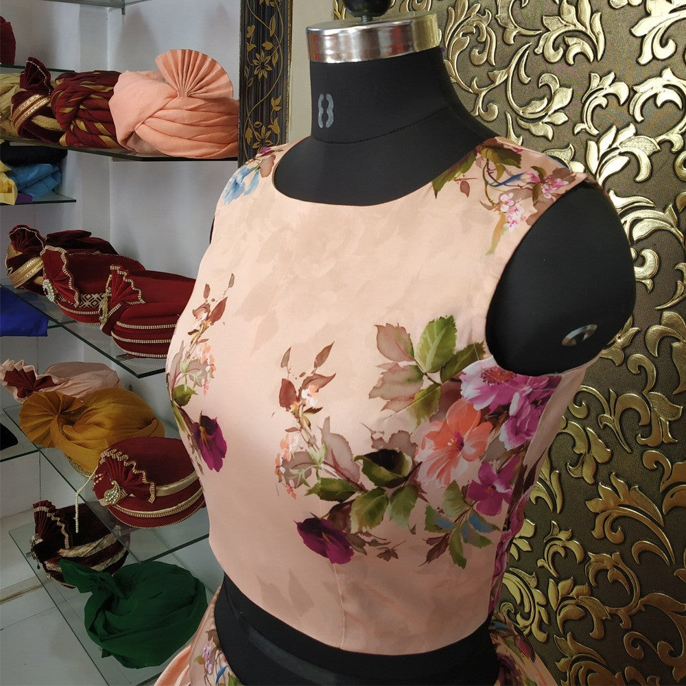 peach satin flower printed lehenga choli