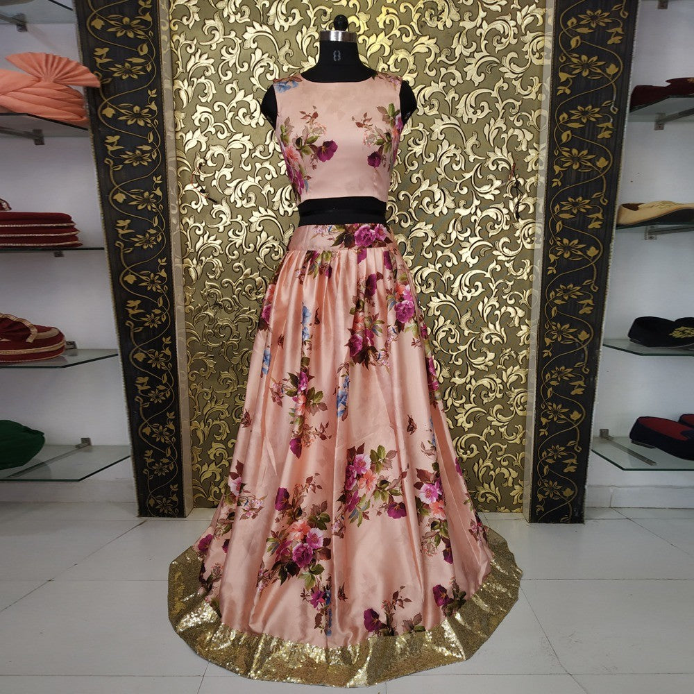 peach satin flower printed lehenga choli