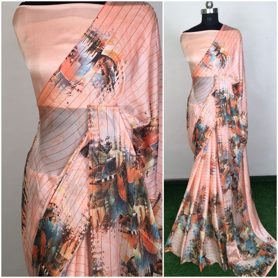 Peach satin georgette printed saree