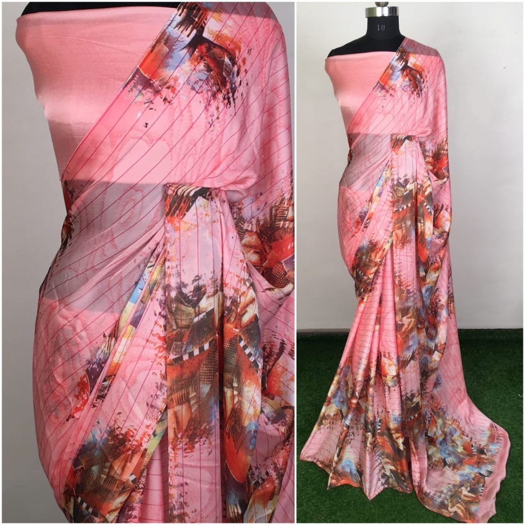 Peach satin georgette printed saree