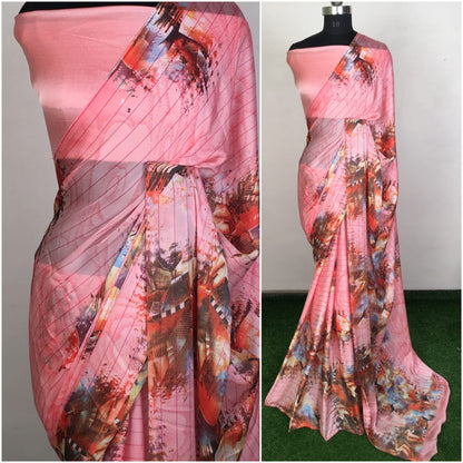 Peach satin georgette printed saree