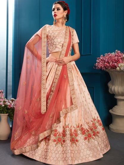 peach satin silk beautiful embroidered wedding lehenga