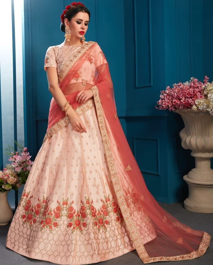 peach satin silk beautiful embroidered wedding lehenga