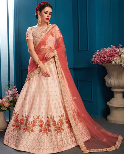 peach satin silk beautiful embroidered wedding lehenga