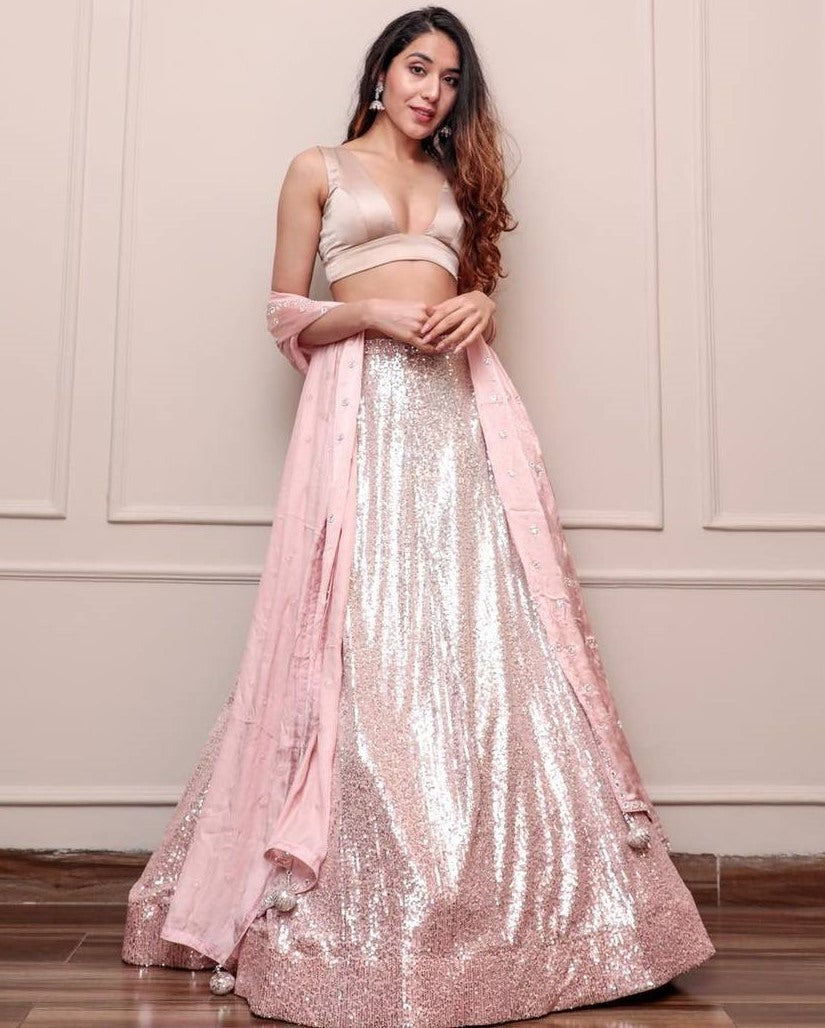 Peach satin silk heavy sequence embroidery work lehenga choli for ceremony