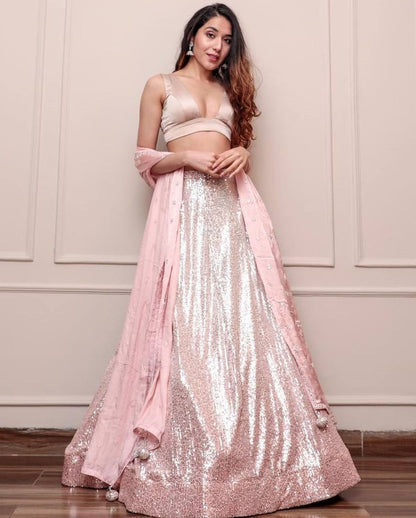 Peach satin silk heavy sequence embroidery work lehenga choli for ceremony