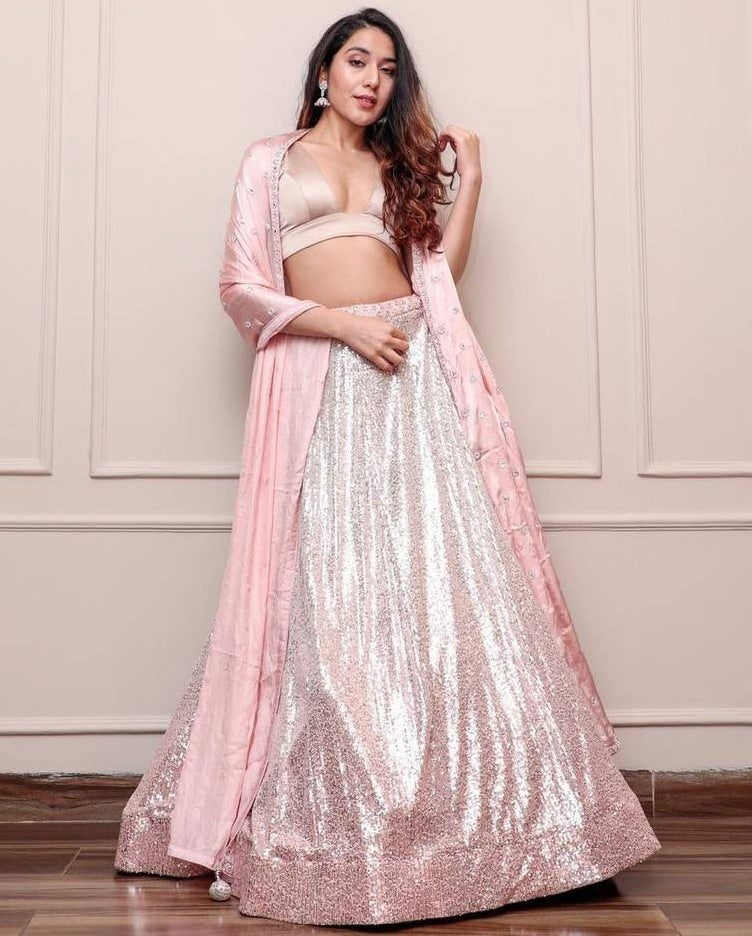 Peach satin silk heavy sequence embroidery work lehenga choli for ceremony
