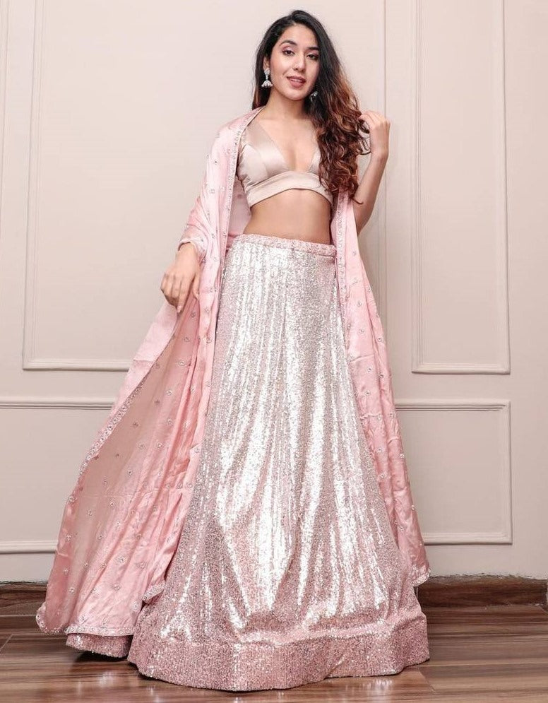 Peach satin silk heavy sequence embroidery work lehenga choli for ceremony