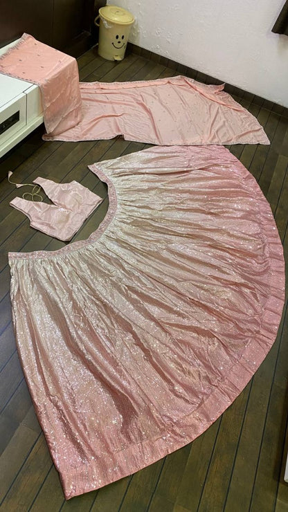Peach satin silk heavy sequence embroidery work lehenga choli for ceremony