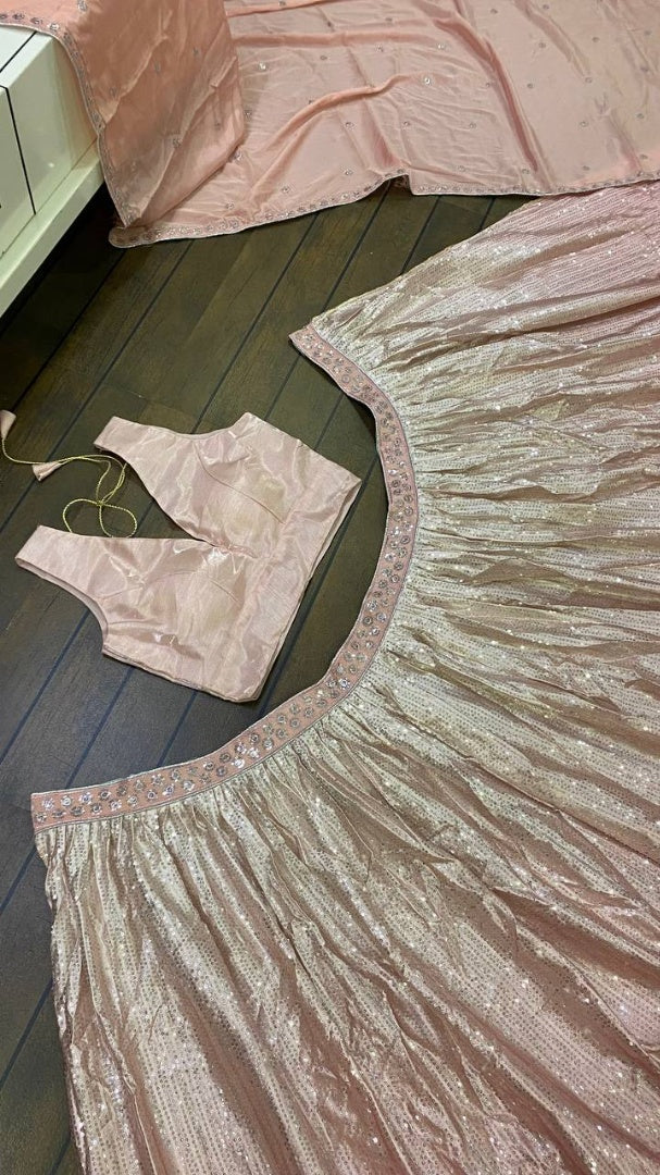 Peach satin silk heavy sequence embroidery work lehenga choli for ceremony