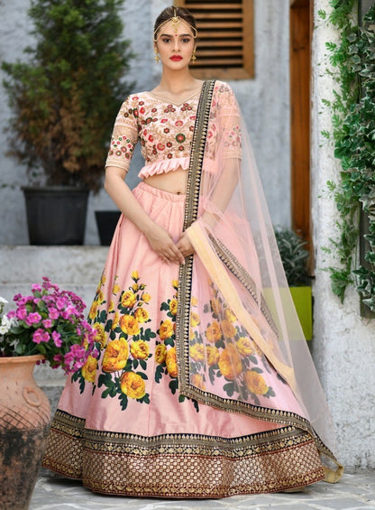 Peach silk flower printed and sequence embroidered designer wedding lehenga choli