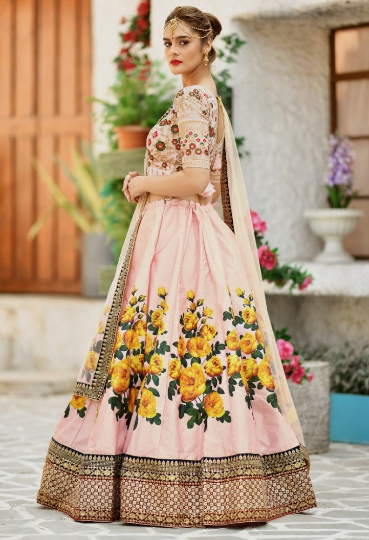 Peach silk flower printed and sequence embroidered designer wedding lehenga choli
