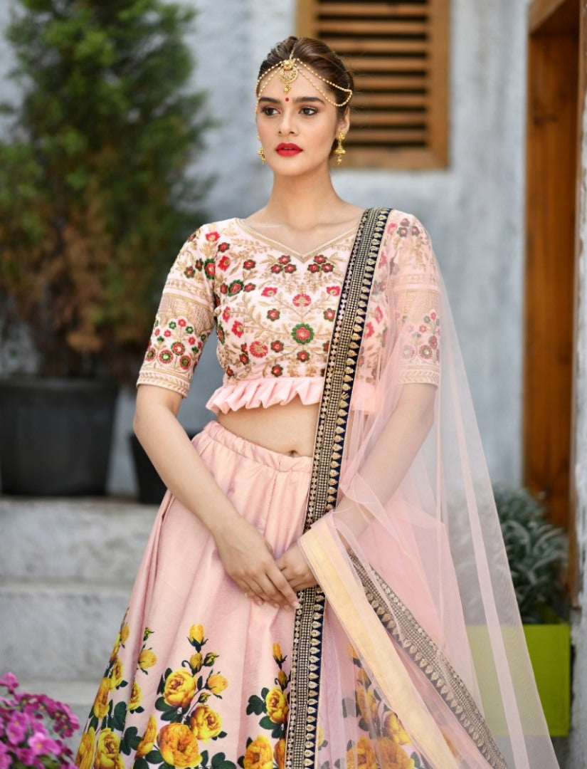 Peach silk flower printed and sequence embroidered designer wedding lehenga choli