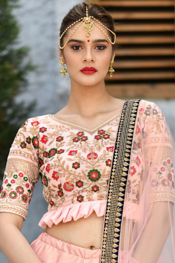 Peach silk flower printed and sequence embroidered designer wedding lehenga choli