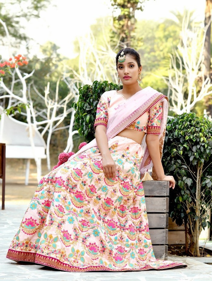 Peach silk heavy embroidered wedding lehenga choli