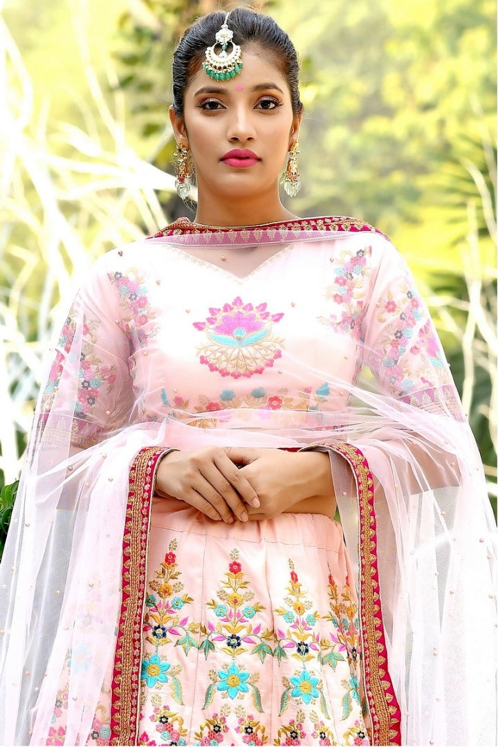 Peach silk heavy embroidered wedding lehenga choli