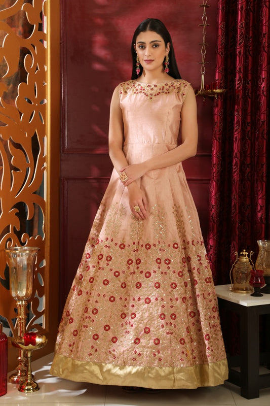 Peach silk thread sequence and handworked designer Gown