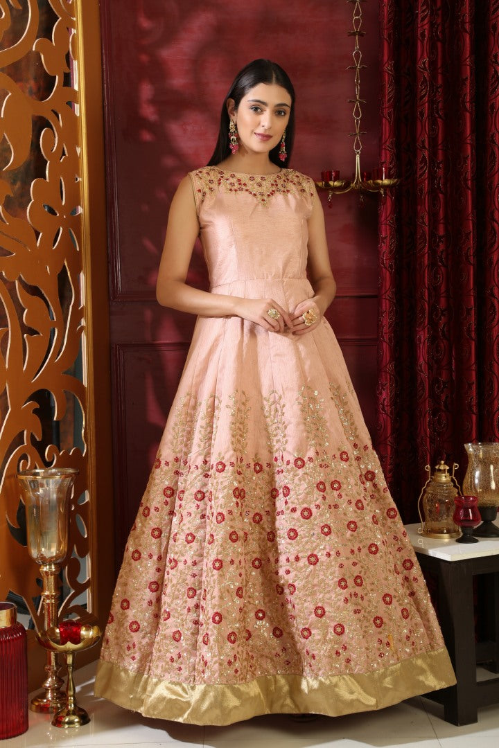 Peach silk thread sequence and handworked designer Gown